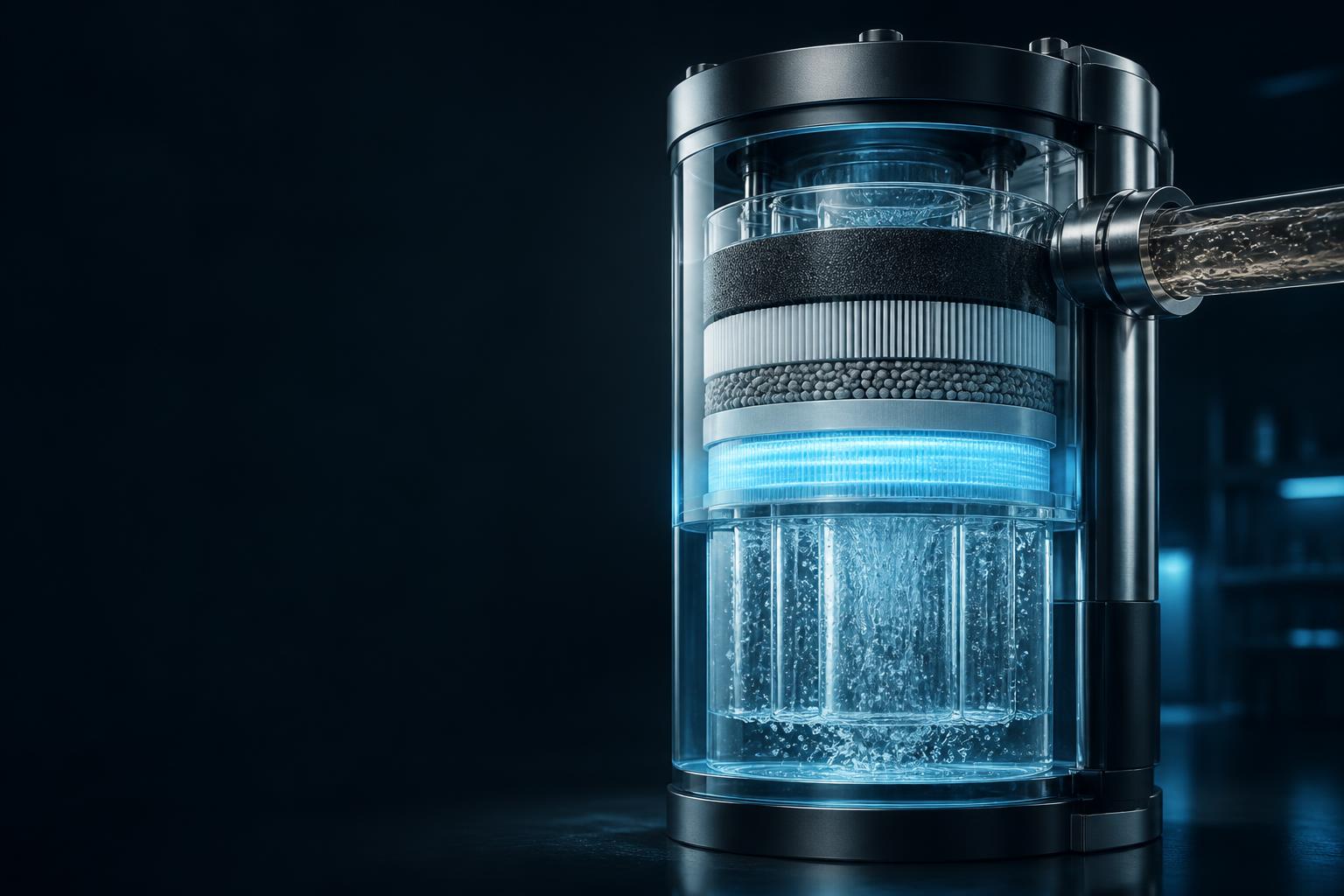 3D cutaway of a water purification system cleaning flowing water